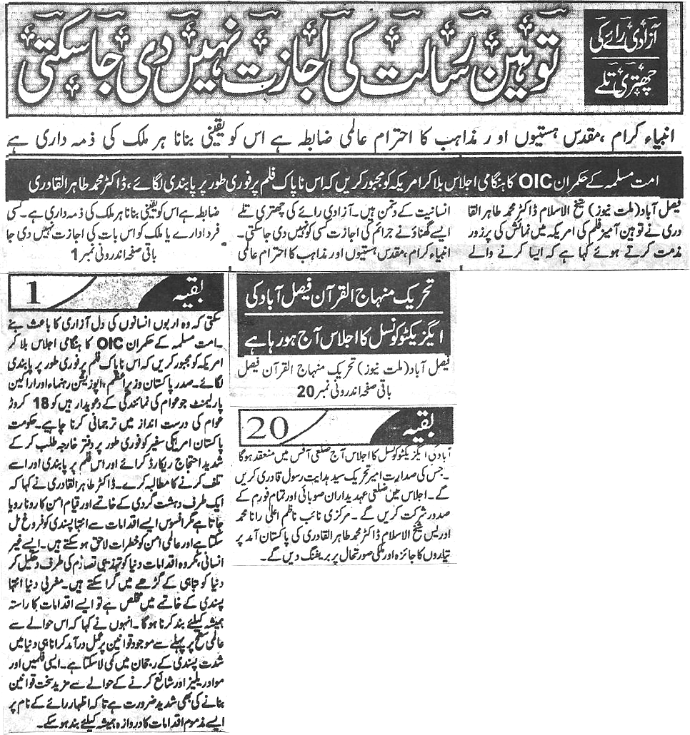 Pakistan Awami Tehreek Print Media CoverageDaily Millat  Back page