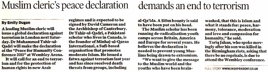 Minhaj-ul-Quran  Print Media CoverageThe Independent on Sunday