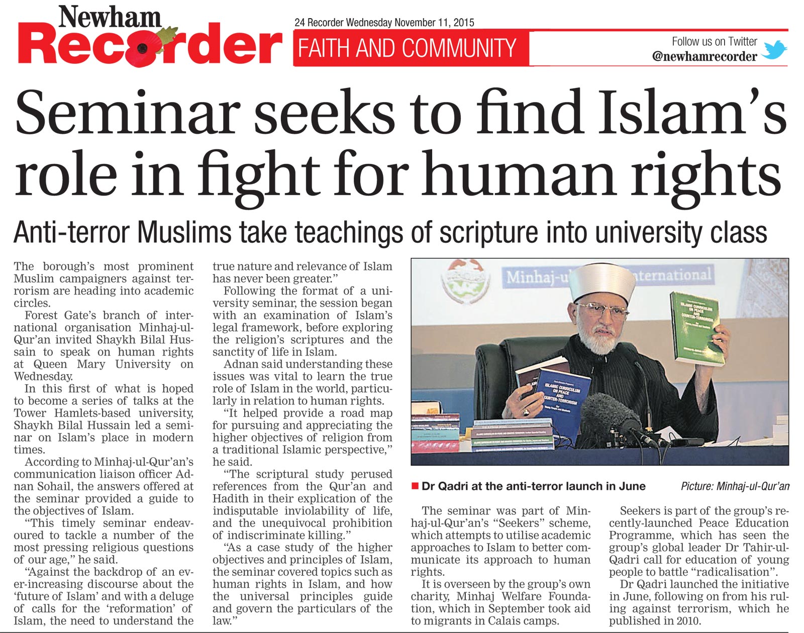 Minhaj-ul-Quran  Print Media Coverage Newham Recorder UK - Page 24