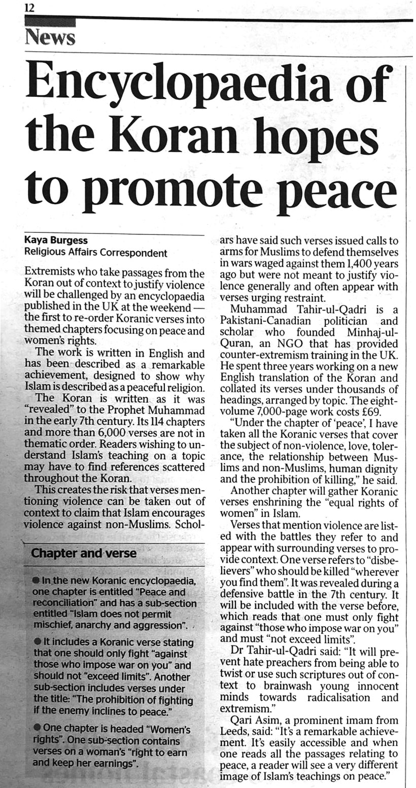 Minhaj-ul-Quran  Print Media Coverage The Times (UK)